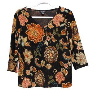 Vintage Y2K Blouse Petite XL Floral Multicolor Textured Knit Stretch Boho Hippie